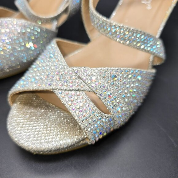 Womens Heels Silver Glitter Rhinestone Strappy Open Toe Delicacy Size 7 JJ4016 - Picture 7 of 9